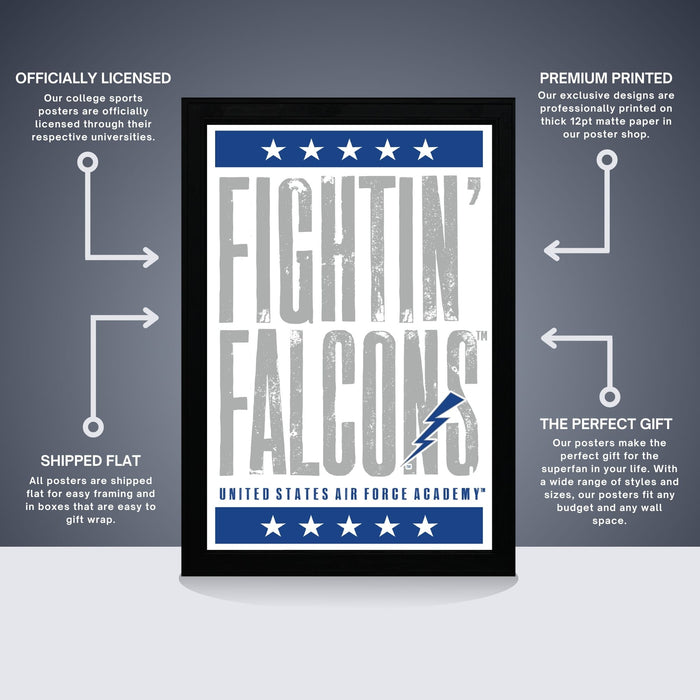 The image is a framed poster featuring the text "FIGHTIN' FALCONS" and "THE PERFECT GIFT" along with a lightning bolt symbol. The poster is described as "OFFICIALLY LICENSED" and "PREMIUM PRINTED", indicating that it is a professionally printed poster with a premium design. The poster is also referred to as a "SHIPPED FLAT" and "ALL POSTERS ARE SHIPPED FOR EASY GIFT wrap."