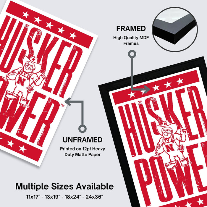 The image is a collage of two framed and unframed images featuring the text "HUSKER POWER" in a bold, red font. The framed image is labeled as "FRAMED" and "High Quality MDF Frames", while the unframed image is described as "UNFRAMED" and "Printed on 12pt Heavy Duty Matte Paper". The image also indicates that multiple sizes are available, including 11x17 - 13x19 - 18x24 - 24x36", suggesting that the collage contains a variety of sizes for viewers to choose from.