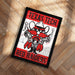 A framed poster featuring a cartoon character with a cowboy hat and mustache, representing the Texas Tech Red Raiders.