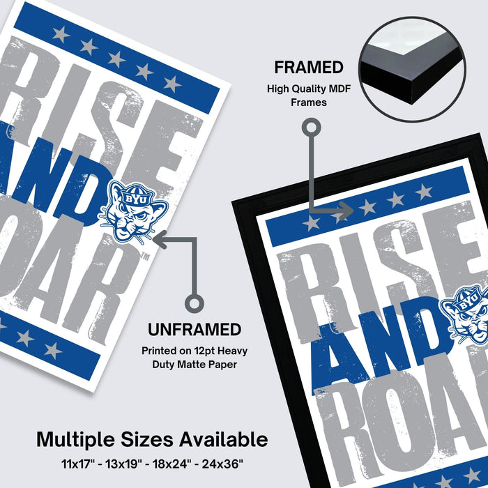 a framed poster with the word "RISE AND ROAD" printed on it, along with a cat logo. The poster is framed in a high-quality MDF frame, and the text indicates that the poster is unframed and printed on 12pt heavy duty matte paper. The poster is available in multiple sizes, including 11x17 - 13x19 - 18x24 - 24x36", and the image is described as a collage of multiple images.