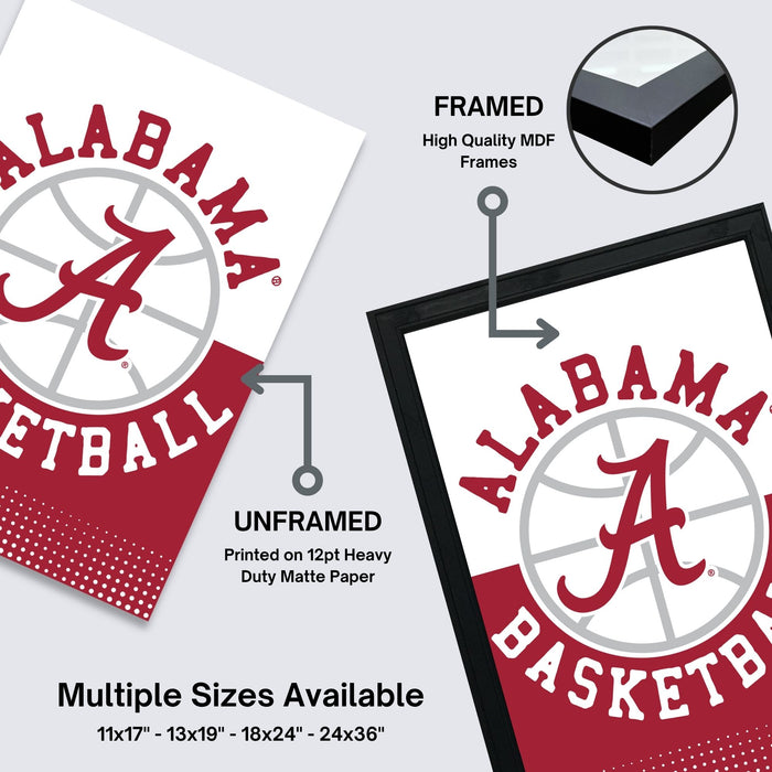 The image is an advertisement for framed and unframed prints of the Alabama basketball team logo. It features two framed and two unframed prints of the logo, along with information about the quality of the frames and the available sizes.