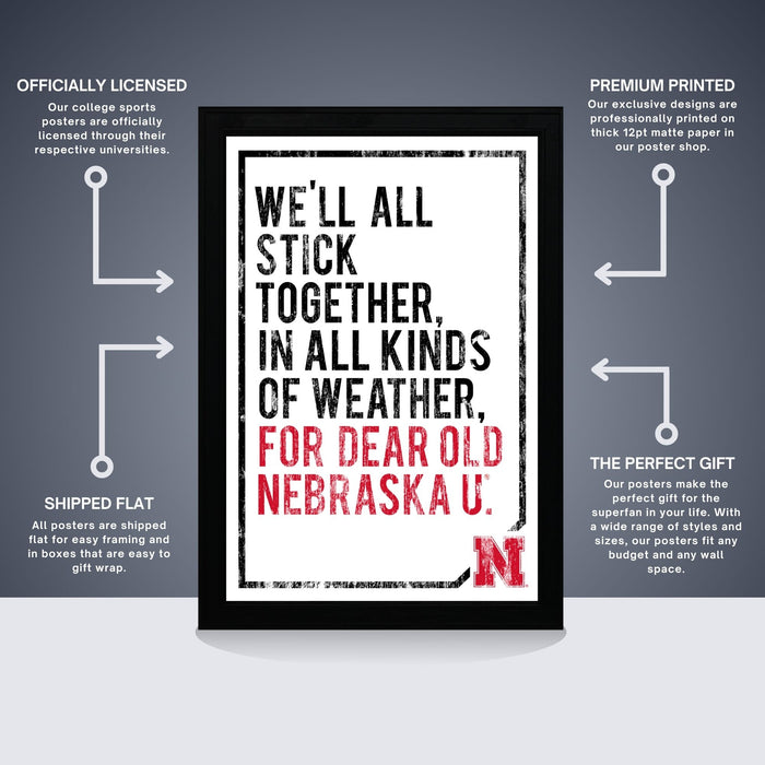 The image is a poster featuring a quote about Nebraska, with a black and white color scheme. The poster is described as " Officially licensed" and " Premium printed", indicating that it is a high-quality, professionally printed poster. The poster is also described as "Shipped flat" and "The perfect gift", suggesting that it is a thoughtful and practical gift option.