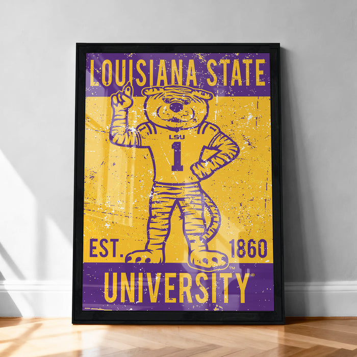 A framed poster featuring a tiger mascot with the text "LOUISIANA STATE EST. 1860 UNIVERSITY" displayed prominently.