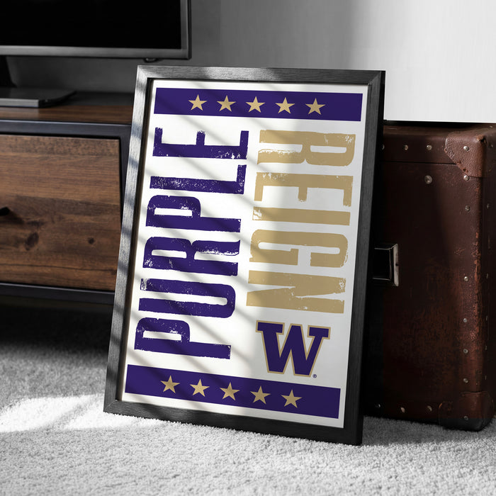 A framed poster with the text "Purple Reign" in large letters, surrounded by stars, is leaning against a wooden cabinet or chest.