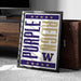 A framed poster with the text "Purple Reign" in large letters, surrounded by stars, is leaning against a wooden cabinet or chest.