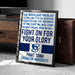 a framed poster with a motivational message about fighting for one's glory, placed on a carpeted floor next to a wooden chest.