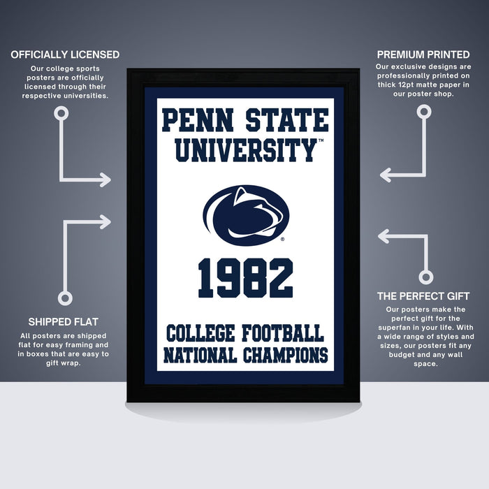 The image is a framed poster from Penn State University, featuring the text "Penn State University 1982" and the Penn State University logo. The poster is labeled as "The perfect gift" and is described as " Officially licensed" and "Premium printed". The poster is also referred to as "Shipped flat" and "College Football National Champions".