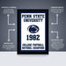 The image is a framed poster from Penn State University, featuring the text "Penn State University 1982" and the Penn State University logo. The poster is labeled as "The perfect gift" and is described as " Officially licensed" and "Premium printed". The poster is also referred to as "Shipped flat" and "College Football National Champions".