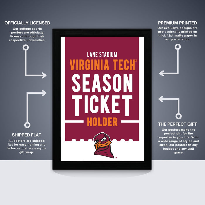 The image is a framed poster advertising Virginia Tech's "Season Ticket Holder" for college sports. The poster features a maroon bird logo and text, and it is described as an " Officially Licensed" poster with a "Premium Printed" version. The poster is shipped in a flat box and is described as a "Perfect Gift" for the college sports fan.