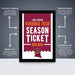 The image is a framed poster advertising Virginia Tech's "Season Ticket Holder" for college sports. The poster features a maroon bird logo and text, and it is described as an " Officially Licensed" poster with a "Premium Printed" version. The poster is shipped in a flat box and is described as a "Perfect Gift" for the college sports fan.