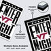 The image is a promotional poster for a Virginia Tech event, featuring the text "ENTER NIGHT" in a bold, stylized font. The poster is framed and unframed, with the framed version labeled as "FRAMED" and the unframed version as "UNFRAMED". The poster is available in multiple sizes, including 11x17, 13x19, 18x24, and 24x36", and is printed on 12pt heavy duty matte paper.