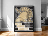 a framed poster with a stylized graphic design on a wall.