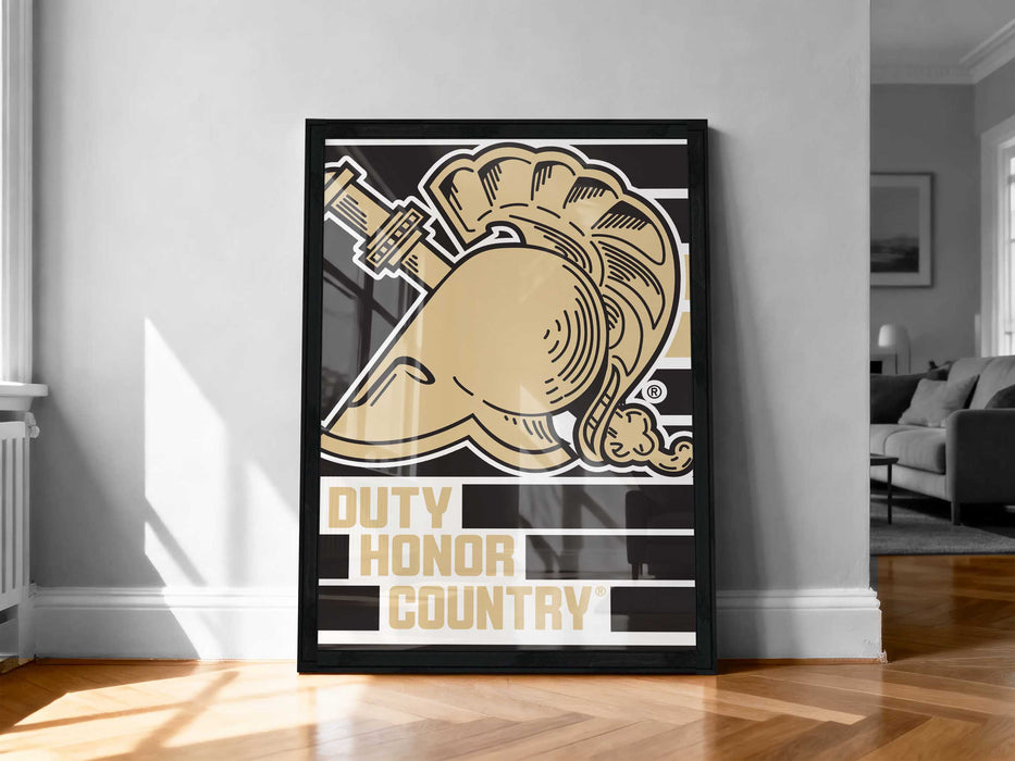 a framed poster with a stylized graphic design on a wall.