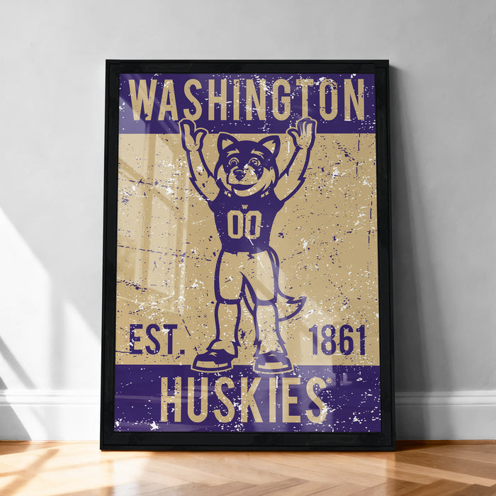 A framed poster featuring a cartoon character wearing a jersey with the number 00, representing the Washington Huskies football team.