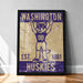 A framed poster featuring a cartoon character wearing a jersey with the number 00, representing the Washington Huskies football team.