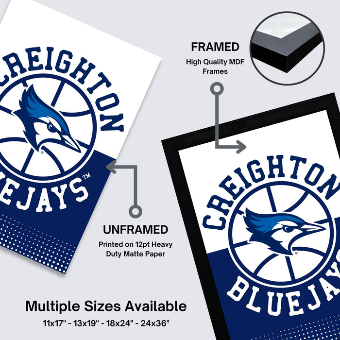 The image is a promotional graphic for framed and unframed prints of the Creighton Bluejays basketball team logo. It features two framed and two unframed prints of the logo, along with text indicating the quality of the frames and the available sizes.