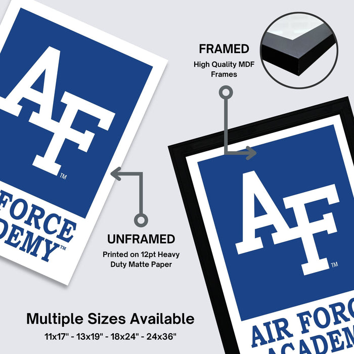 The image is a promotional graphic for Air Force Academy, featuring two framed and two unframed versions of the logo. The framed version is printed on 12pt heavy duty matte paper, while the unframed version is printed on regular paper. The image also highlights the availability of multiple sizes, including 11x17 - 13x19 - 18x24 - 24x36", allowing customers to choose the size that best fits their needs.