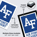 The image is a promotional graphic for Air Force Academy, featuring two framed and two unframed versions of the logo. The framed version is printed on 12pt heavy duty matte paper, while the unframed version is printed on regular paper. The image also highlights the availability of multiple sizes, including 11x17 - 13x19 - 18x24 - 24x36", allowing customers to choose the size that best fits their needs.