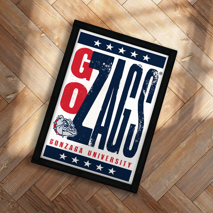 A framed poster with the text "GO ZAGS" and a graphic of a bulldog, representing Gonzaga University.