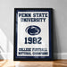 A framed poster with the text "Penn State University 1982 College Football National Champions" and the Penn State University logo, indicating that the university was a college football national championship winner in 1982.
