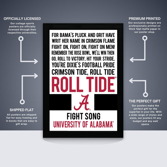 The image is a poster for the Alabama football team, specifically the Alabama Crimson Tide. The poster features the team's logo and text, and it is described as a premium printed poster.