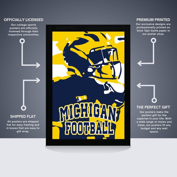 The image is a poster for Michigan Football, featuring a football player in a yellow and blue uniform. The poster is labeled as " Officially Licensed" and "Premium Printed", indicating that it is a professionally printed poster from a poster shop. The poster is described as a "Shipped Flat" and "The Perfect Gift", suggesting that it is a high-quality and thoughtful gift for fans of Michigan Football.