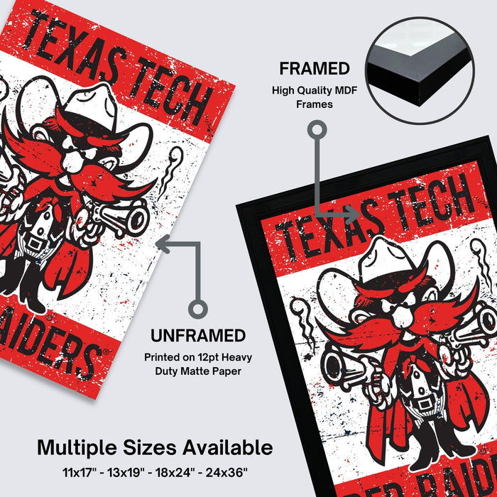 The image is a framed poster featuring a cartoon character with a gun and a cowboy hat, along with the text "Texas Tech" and "Rangers". The poster is framed with a black border, and the text indicates that it is a high-quality MDF frame. The poster is available in multiple sizes, including 11x17, 13x19, 18x24, and 24x36" dimensions.