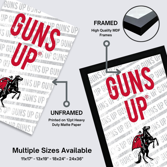 The image is an advertisement for framed and unframed prints of the phrase "GUNS UP GUNS UP" on heavy duty matte paper. It features multiple sizes available, including 11x17, 13x19, 18x24, and 24x36" frames.