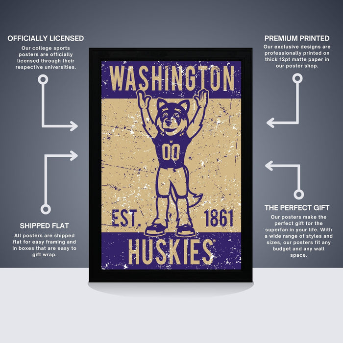 The image is a poster featuring a college sports mascot, the Washington Huskies, with text and arrows indicating that it is a premium printed poster.