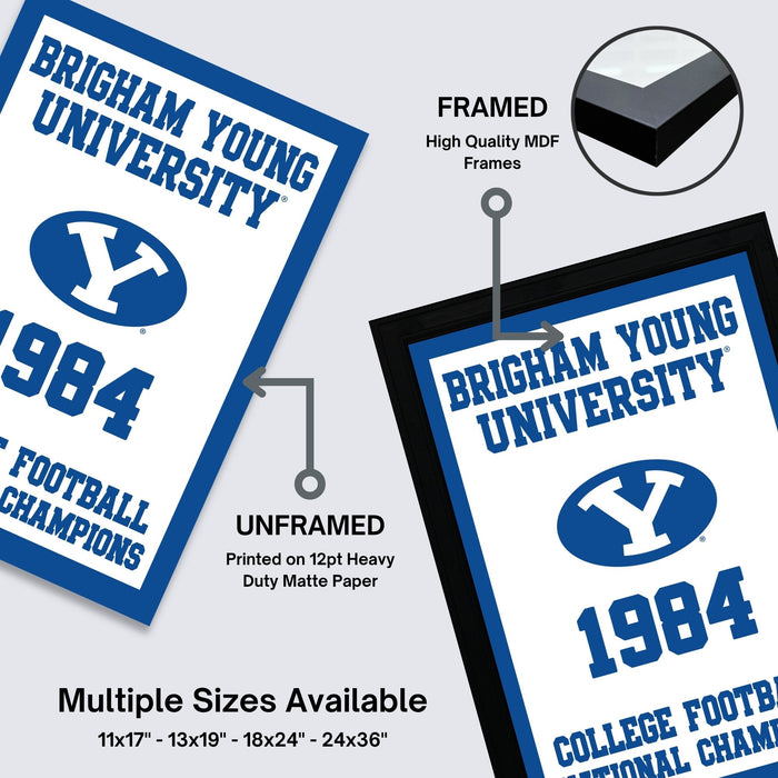 The image is a collage of two framed and two unframed posters from Brigham Young University, featuring the university's football team and their championship titles from 1984.