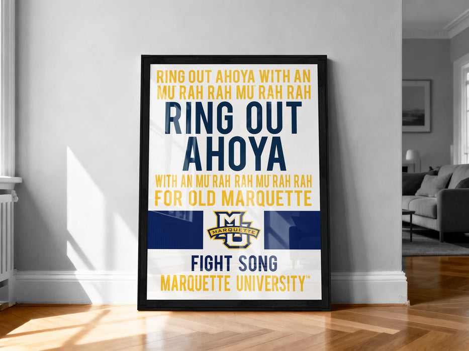 a framed poster with text and logos related to Marquette University, including the university's name and a slogan about fighting for old Marquette University.