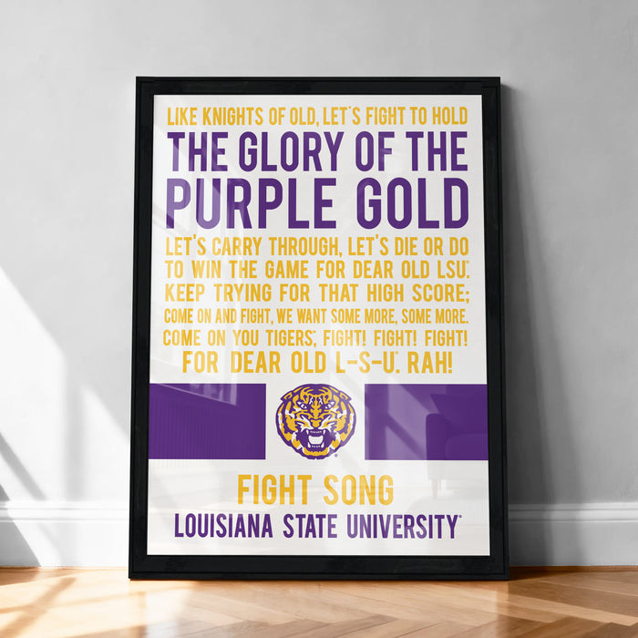 The image is a framed poster with text and a tiger logo, promoting a fight to hold the "Glory of the Purple Gold" for LSU.