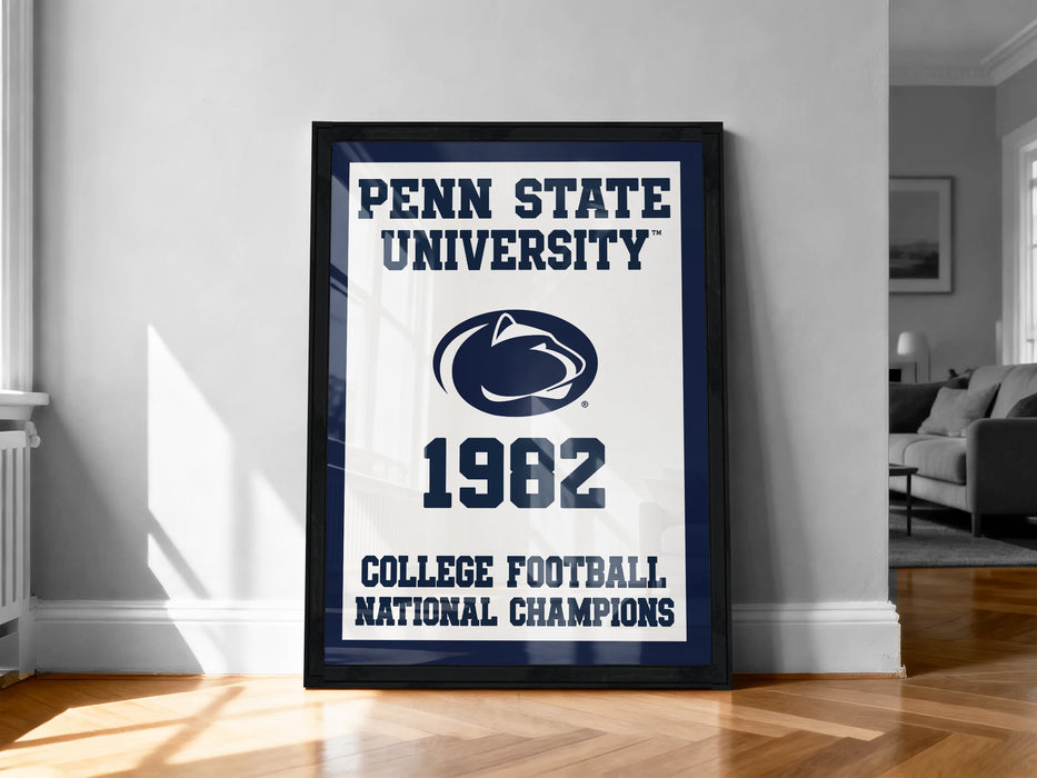 A framed poster on a wall celebrating the Penn State University's 1982 College Football National Champions.