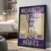 A framed poster featuring a graphic of a mascot character with the text "WASHINGTON HUSKIES" and "EST. 1861" printed on it.
