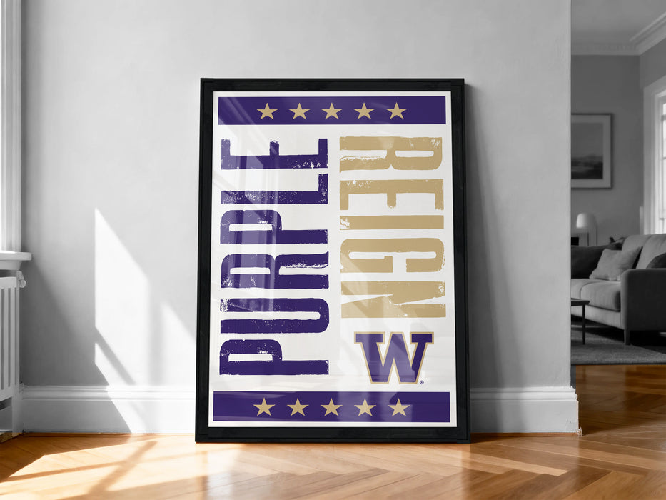 A framed poster with the text "Purple Reign" in large letters, surrounded by stars, is displayed on a wall in a room.