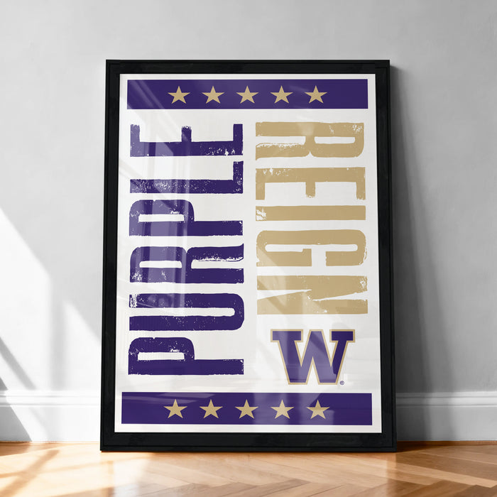 A framed poster with the text "Purple Reign" and the letter "W" prominently displayed.