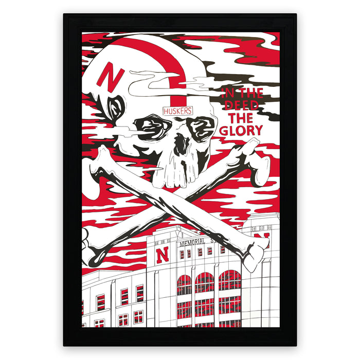 The image is a framed poster featuring a skull with crossed bones and the text "HUSKERS" and "IN THE DEP. THE GLORY" against a red and white background.