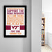 The image is a framed poster with text that reads "Just watch our men so big and active support the orange and maroon let's go techs. We know our teams and basics are strong with winning hopes, we fear defeat no longer to see you through the line boys. Determined now to win the techs. So give a hokey, hokey. hi Rae, R1, OLD VP1." The poster is hanging on a wall, and there is a bookshelf visible in the background.