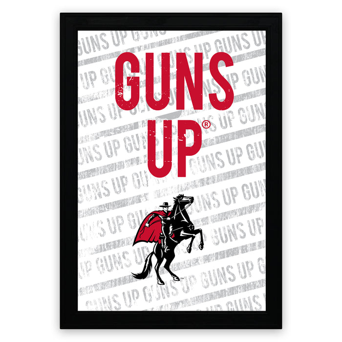 The image is a framed poster with the text "GUNS UP" prominently displayed in the center.