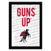 The image is a framed poster with the text "GUNS UP" prominently displayed in the center.
