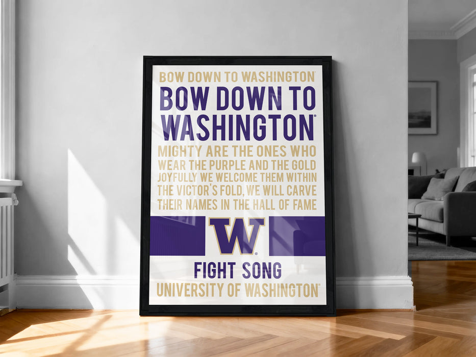 a framed poster with text and a logo, placed on a wall in a room.