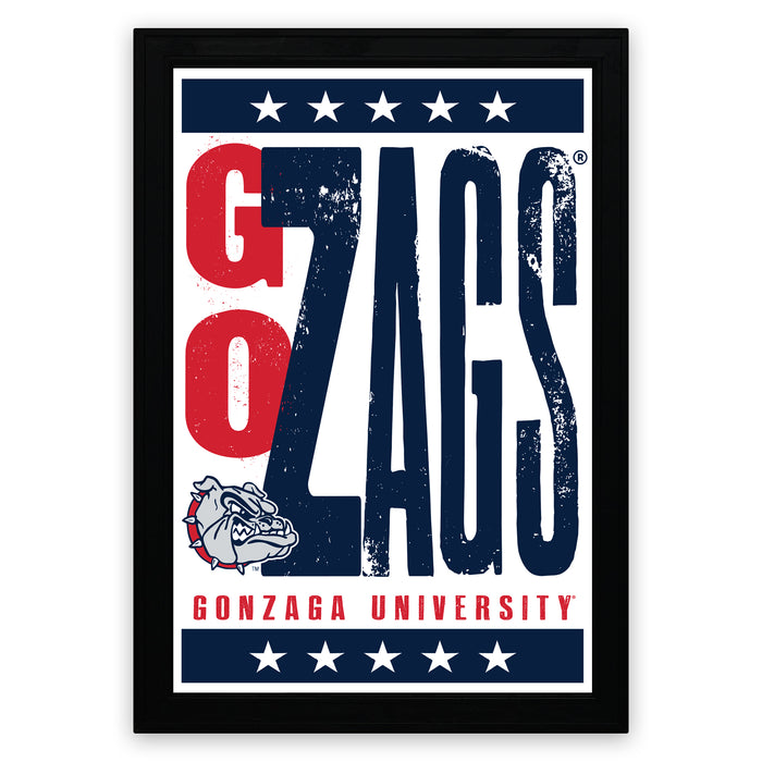 a framed poster with the text "GONZAGA UNIVERSITY" and a bulldog logo.