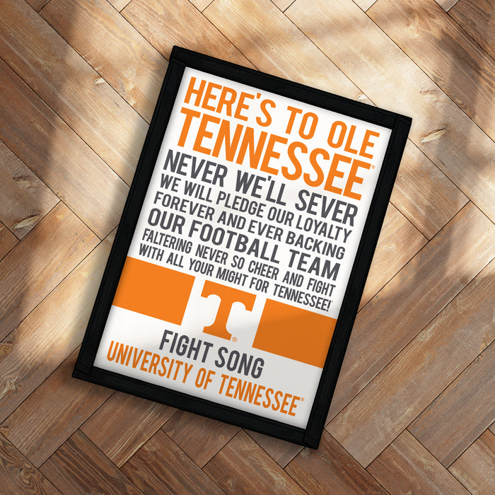 The image is a framed poster with text that reads "HERE'S TO OLE TENNESSEE" and "FIGHT SON UNIVERSITY OF TENNESSEE".