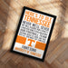 The image is a framed poster with text that reads "HERE'S TO OLE TENNESSEE" and "FIGHT SON UNIVERSITY OF TENNESSEE".