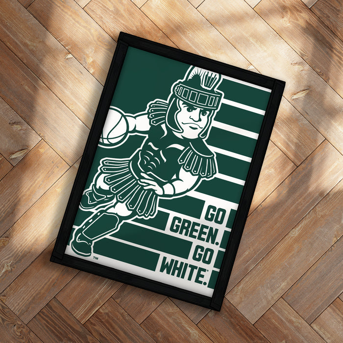 A framed poster featuring a cartoon character in a green outfit, with the text "GO GREEN GO WHITE" displayed below the character.