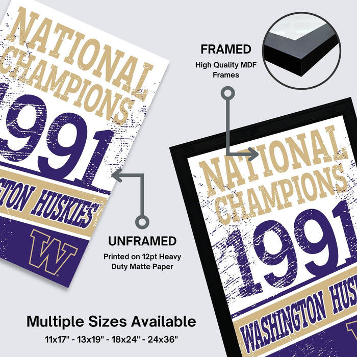 The image is a framed poster for the 1991 National Champions, featuring the Washington Huskies. The poster is framed and labeled as high-quality MDF, with multiple sizes available, including 11x17, 13x19, 18x24, and 24x36" frames.