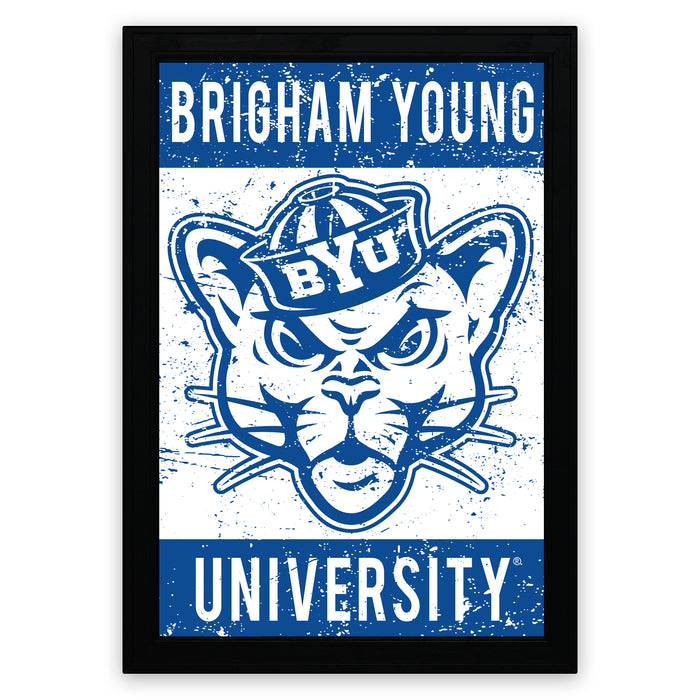A framed poster featuring the logo and name of Brigham Young University.