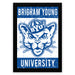 A framed poster featuring the logo and name of Brigham Young University.