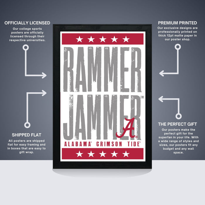 The image is a poster for Alabama Crimson Tide, featuring the text "RAMMER JAMMER" in large letters, with a red and white color scheme. The poster is described as " Officially Licensed" and "Premium Printed", indicating that it is a high-quality, professionally printed poster. The poster is also referred to as a "Shipped Flat" and "The Perfect Gift", suggesting that it is a convenient and attractive gift option.