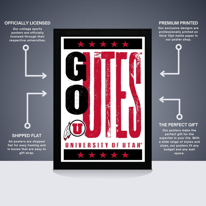 The image is a poster for the University of Utah, featuring the text "GO OUT" in large red letters with a black outline. The poster is described as " Officially licensed" and "Premium printed", indicating that it is a high-quality, professionally printed poster. The poster is also described as "Shipped flat" and "The perfect gift", suggesting that it is a thoughtful and practical gift for someone.